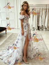 White Tulle Print Off the Shoulder Prom Dress