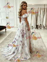 White Tulle Print Off the Shoulder Prom Dress