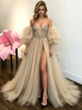 Champagne Tulle Strapless Beading Prom Dress