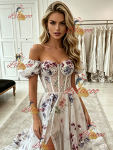 White Tulle Print Off the Shoulder Prom Dress