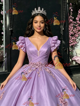 Purple Tulle V-neck Appliques Quinceanera Dress