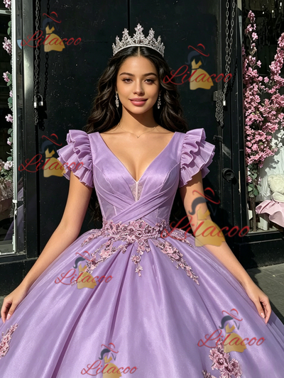 Purple Tulle V-neck Appliques Quinceanera Dress