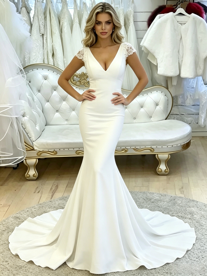 White Mermaid V-neck Lace Wedding Dress