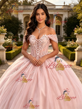 Pink Tulle Off the Shoulder Appliques Quinceanera Dress