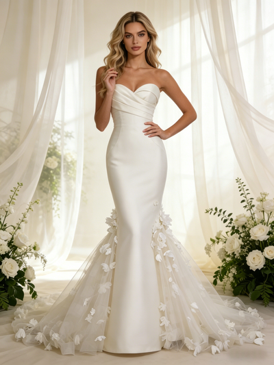 Ivory Mermaid Satin Tulle Flower Wedding Dress