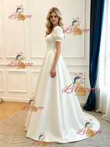Beige White Satin Puff Sleeve Wedding Dress