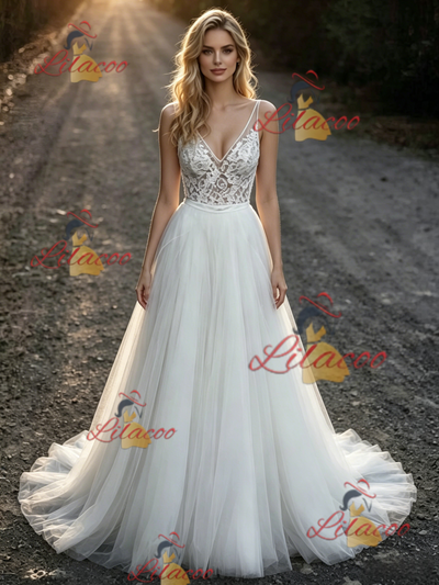 White Tulle Lace V-neck Wedding Dress