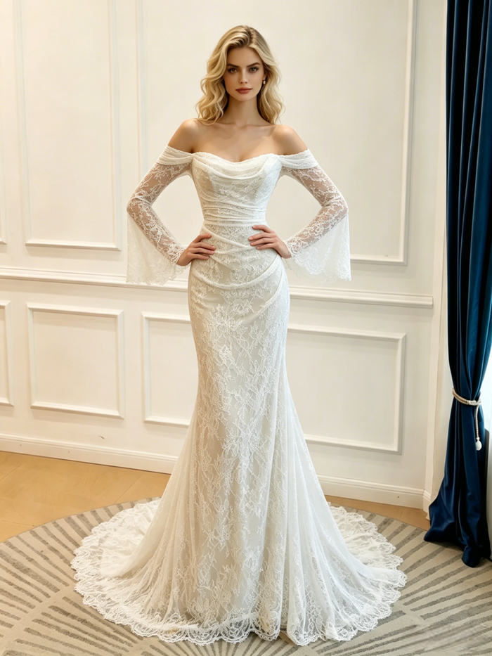 White Mermaid Long Sleeve Lace Wedding Dress