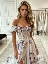 White Tulle Print Off the Shoulder Prom Dress
