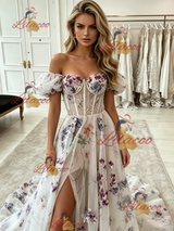 White Tulle Print Off the Shoulder Prom Dress