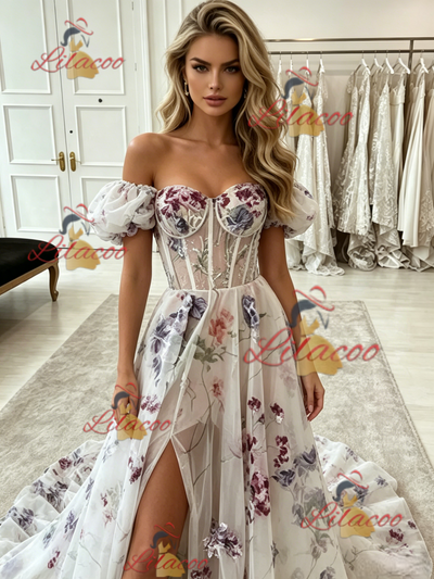 White Tulle Print Off the Shoulder Prom Dress