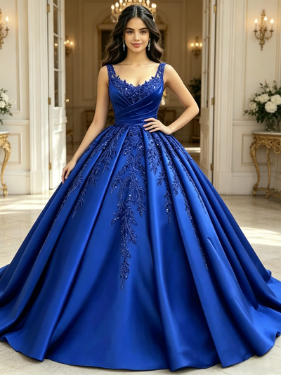 Blue Satin Straps Appliques Quinceanera Dress