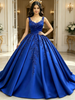Blue Satin Straps Appliques Quinceanera Dress
