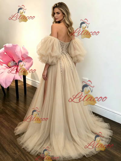 Champagne Tulle Strapless Beading Prom Dress