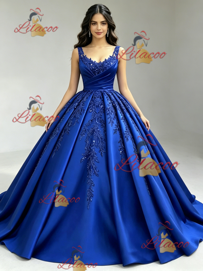 Blue Satin Straps Appliques Quinceanera Dress