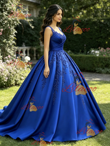 Blue Satin Straps Appliques Quinceanera Dress