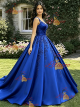 Blue Satin Straps Appliques Quinceanera Dress
