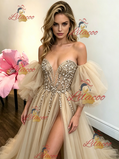 Champagne Tulle Strapless Beading Prom Dress