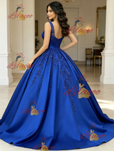 Blue Satin Straps Appliques Quinceanera Dress