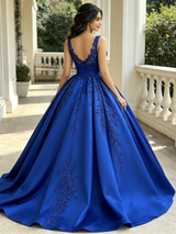 Blue Satin Straps Appliques Quinceanera Dress