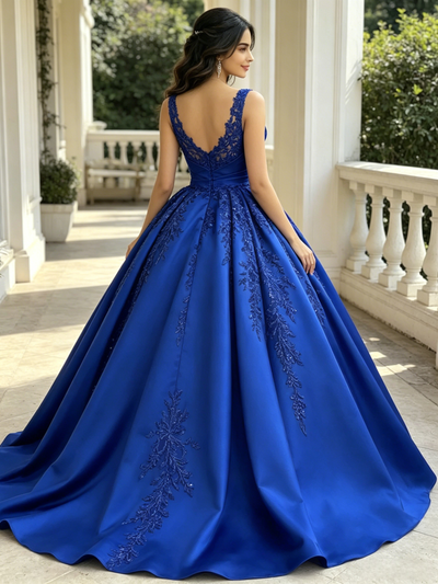 Blue Satin Straps Appliques Quinceanera Dress