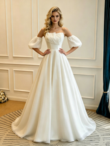 White Strapless Pleats Puff Sleeve Wedding Dress