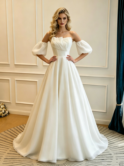 White Strapless Pleats Puff Sleeve Wedding Dress