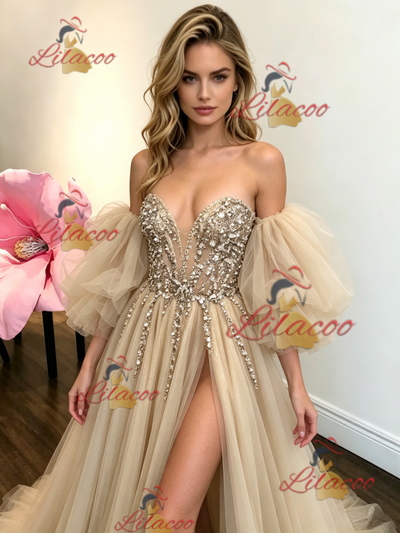 Champagne Tulle Strapless Beading Prom Dress