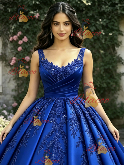 Blue Satin Straps Appliques Quinceanera Dress