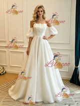 White Strapless Pleats Puff Sleeve Wedding Dress