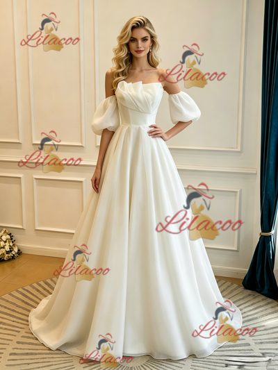 White Strapless Pleats Puff Sleeve Wedding Dress