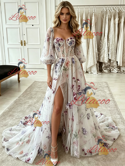 White Tulle Print Puff Sleeve Prom Dress
