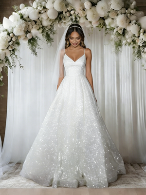 White Sequins Spaghetti Straps Wedding Dress
