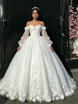 White Tulle Long Sleeve Flower Quinceanera Dress