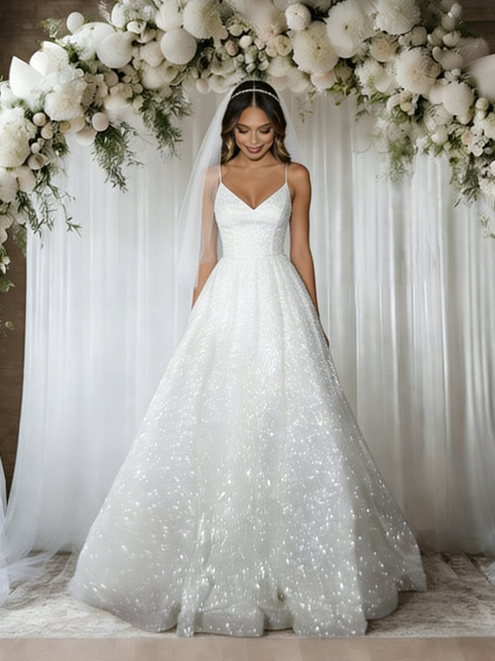 White Sequins Spaghetti Straps Wedding Dress