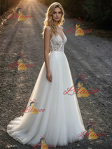 White Tulle Lace V-neck Wedding Dress