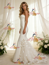 Ivory Mermaid Satin Tulle Flower Wedding Dress