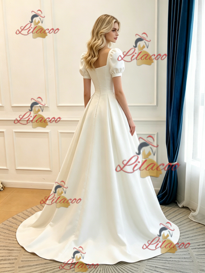 Beige White Satin Puff Sleeve Wedding Dress