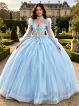 Light Blue Tulle Long Sleeve Appliques Quinceanera Dress