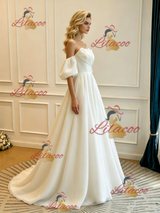 White Strapless Pleats Puff Sleeve Wedding Dress