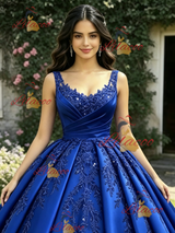 Blue Satin Straps Appliques Quinceanera Dress