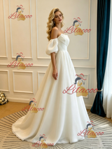 White Strapless Pleats Puff Sleeve Wedding Dress