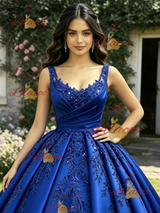 Blue Satin Straps Appliques Quinceanera Dress
