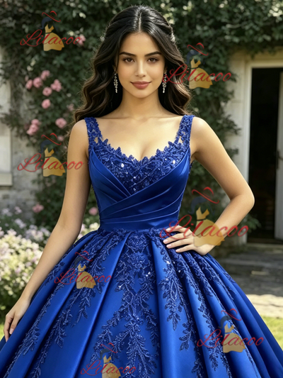 Blue Satin Straps Appliques Quinceanera Dress