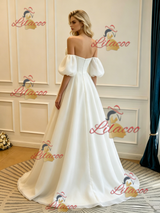 White Strapless Pleats Puff Sleeve Wedding Dress