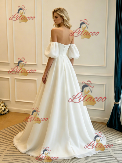 White Strapless Pleats Puff Sleeve Wedding Dress