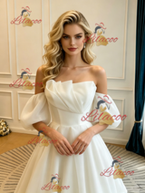 White Strapless Pleats Puff Sleeve Wedding Dress