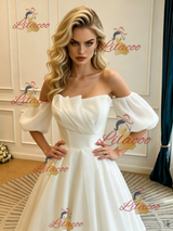 White Strapless Pleats Puff Sleeve Wedding Dress