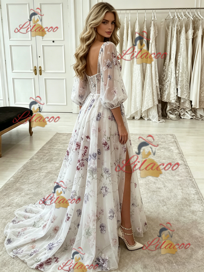 White Tulle Print Puff Sleeve Prom Dress