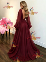 Burgundy Tulle V-neck Long Sleeve Prom Dress